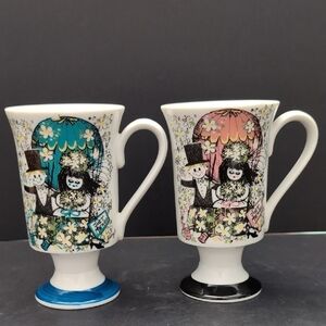 Vintage Set Of 2 Floral Just Married Wedding Footed Coffee Cups.